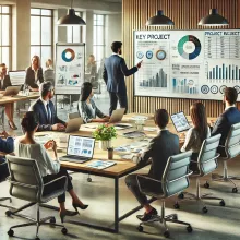 Ein Team sitzt und evaluiert ein Projekt mit Grafiken, Computern