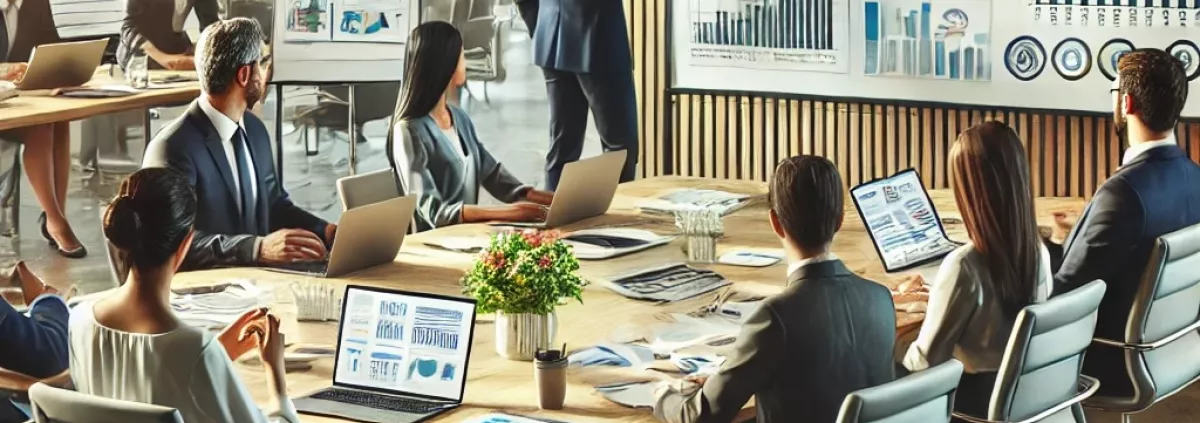 Ein Team sitzt und evaluiert ein Projekt mit Grafiken, Computern
