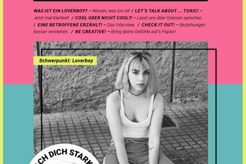 Titelbild Loverboy Magazin - junge Frau sitzt auf dem Bürgersteig und schaut in die Kamera