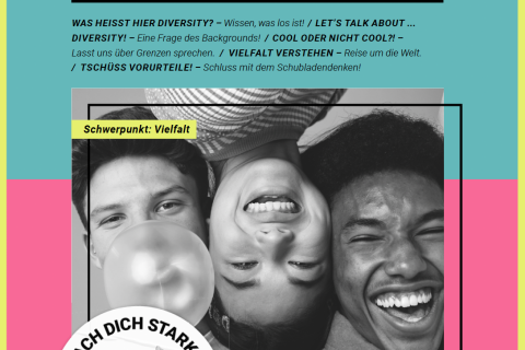 Titelbild Magazin Vielfalt - drei junge Menschen lachen in die Kamera