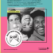 Titelbild Magazin Vielfalt - drei junge Menschen lachen in die Kamera