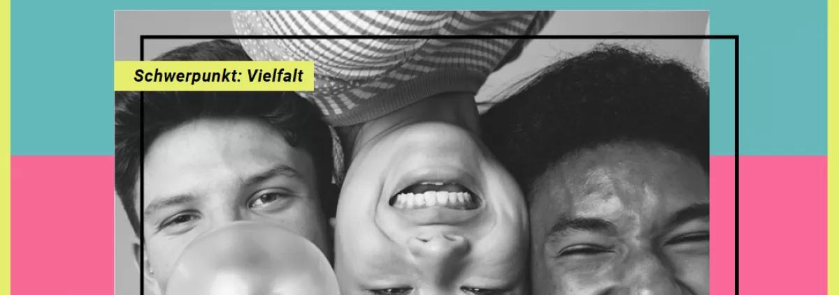 Titelbild Magazin Vielfalt - drei junge Menschen lachen in die Kamera